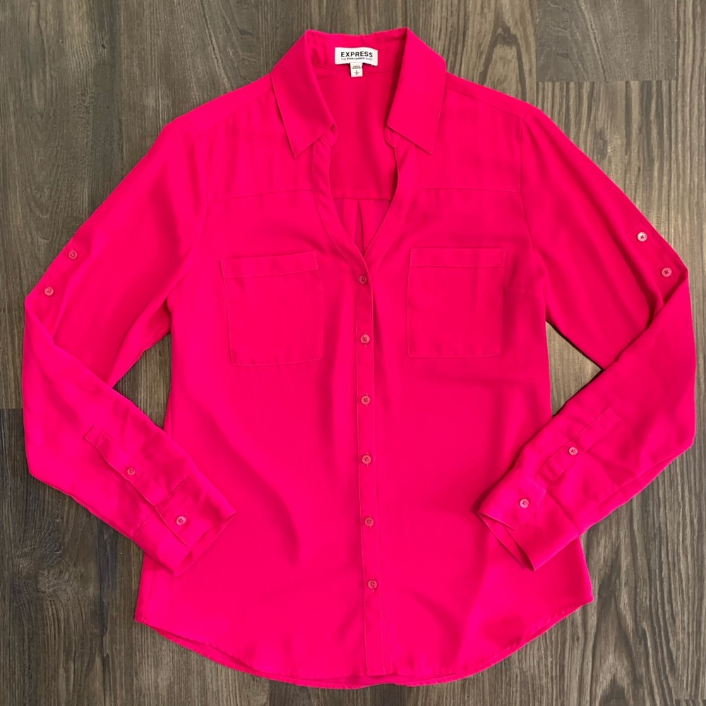 EXPRESS Sz S The Portofino Shirt - Roll Tab Sleeve - Hot Pink